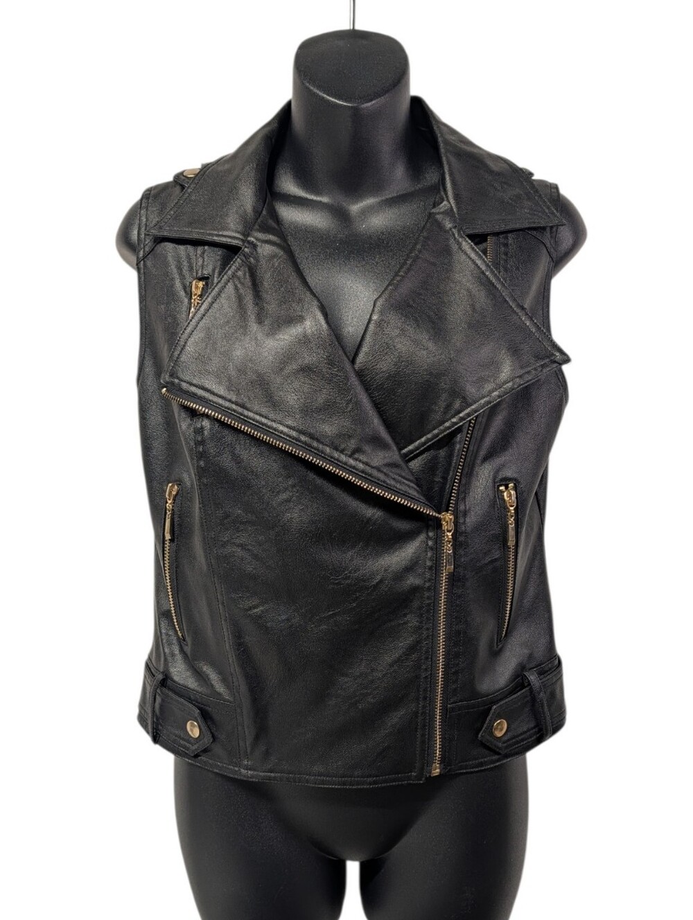 Arden B. Womens Black Faux Leather Moto Biker Vest Size M Full Zip Zipper Lined